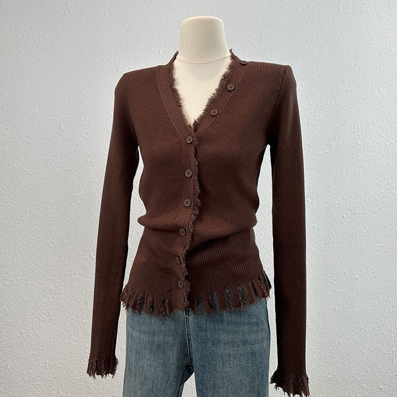 Безръкавен топ Chenille трикотаж с ресни, V-образно деколте, съдържание на Spandex под 30%, есенно-зимна колекция