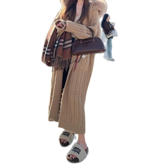 Cardigan lung cu glugă, tricot cable, guler din blană, croială lejeră, pentru toamnă-iarnă