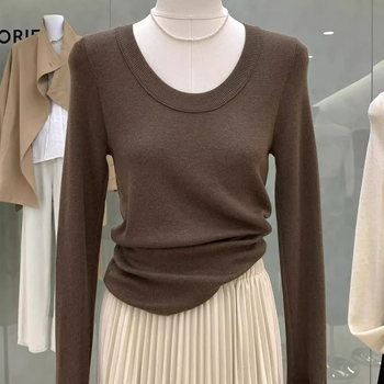 Ženski pleteni top s dugim rukavima, jednobojni uzorak, U-izrez, slim fit, materijal: vuna; glavni materijal: pamuk