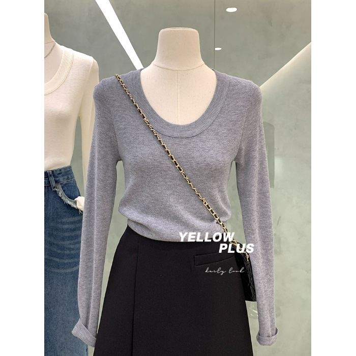 Ženski pleteni top s dugim rukavima, jednobojni uzorak, U-izrez, slim fit, materijal: vuna; glavni materijal: pamuk