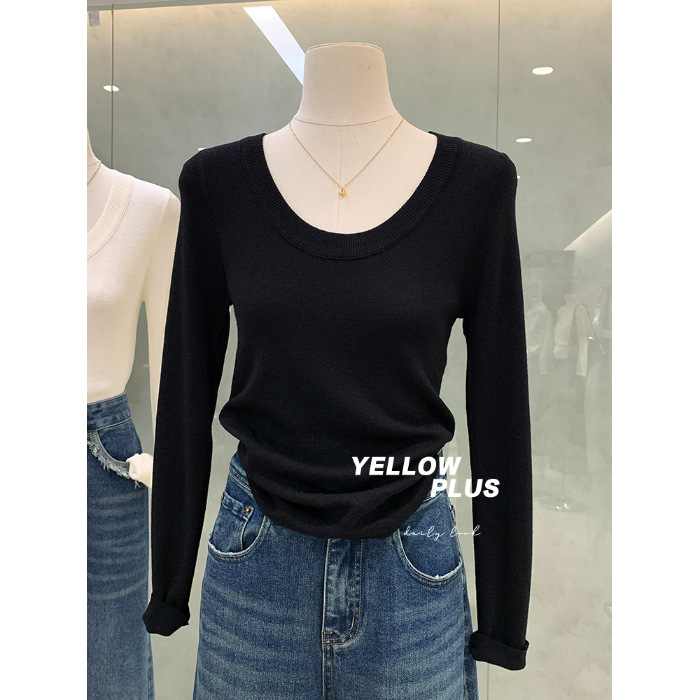 Ženski pleteni top s dugim rukavima, jednobojni uzorak, U-izrez, slim fit, materijal: vuna; glavni materijal: pamuk