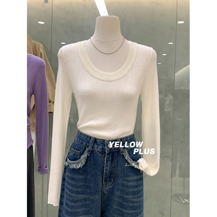 Ženski pleteni top s dugim rukavima, jednobojni uzorak, U-izrez, slim fit, materijal: vuna; glavni materijal: pamuk