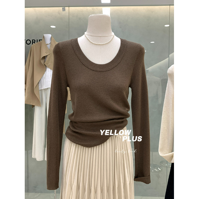 Ženski pleteni top s dugim rukavima, jednobojni uzorak, U-izrez, slim fit, materijal: vuna; glavni materijal: pamuk