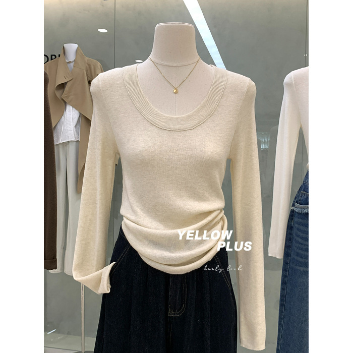 Ženski pleteni top s dugim rukavima, jednobojni uzorak, U-izrez, slim fit, materijal: vuna; glavni materijal: pamuk