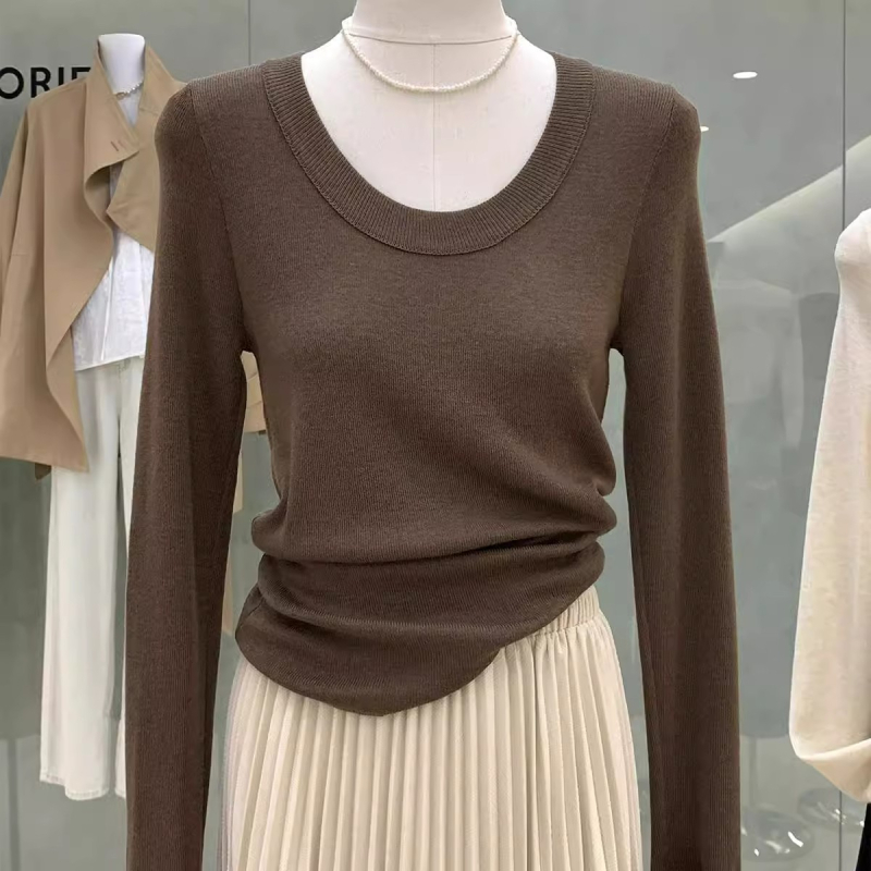 Ženski pleteni top s dugim rukavima, jednobojni uzorak, U-izrez, slim fit, materijal: vuna; glavni materijal: pamuk