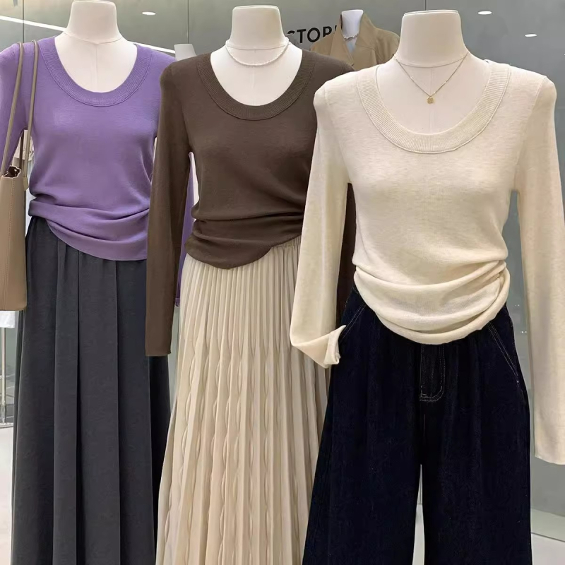 Ženski pleteni top s dugim rukavima, jednobojni uzorak, U-izrez, slim fit, materijal: vuna; glavni materijal: pamuk