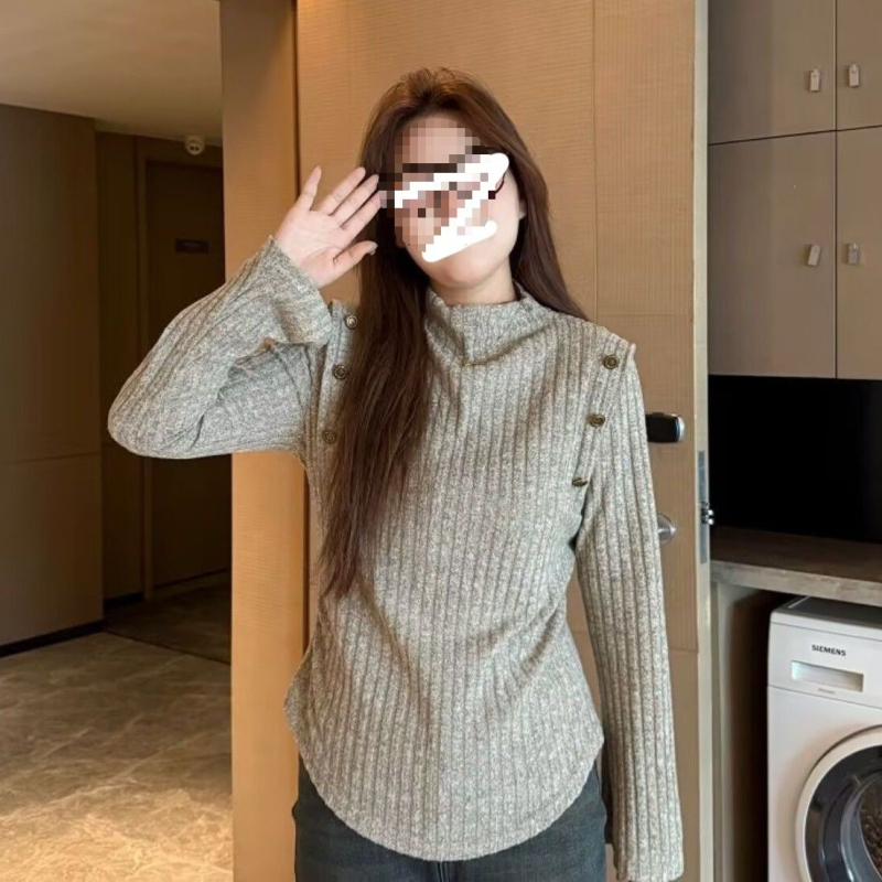 Pulover tricotat din Ice Silk, guler Half-Turtleneck, mâneci Princess Sleeves, glugă, Primăvara 2025