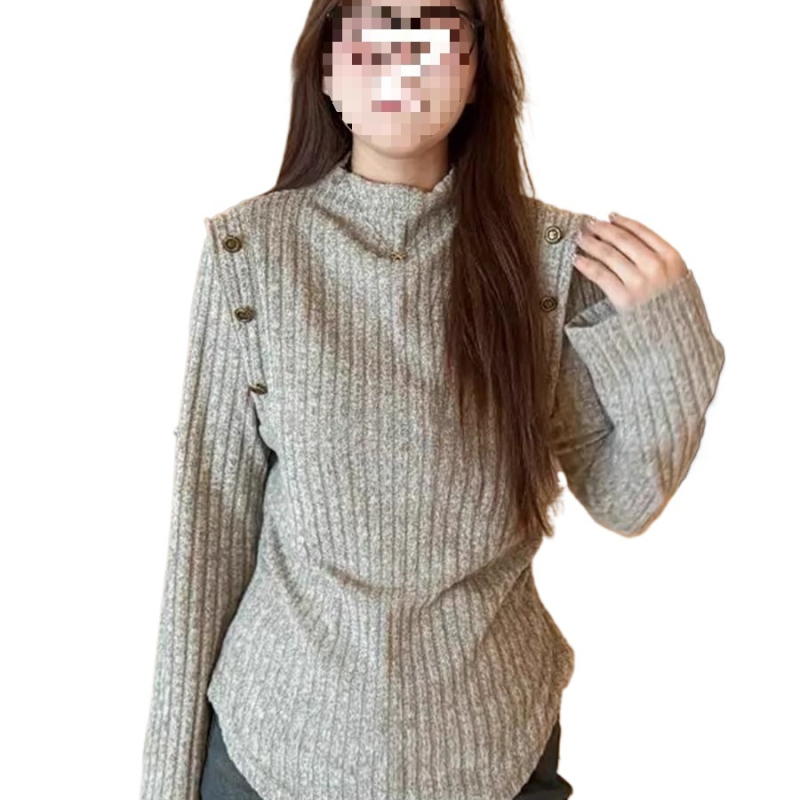 Pulover tricotat din Ice Silk, guler Half-Turtleneck, mâneci Princess Sleeves, glugă, Primăvara 2025