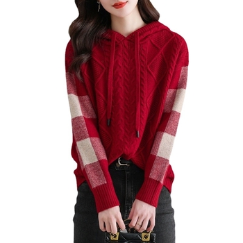 Pulover tricotat pentru femei, cu glugă, croială lejeră, model în carouri, poliester 30–50%.