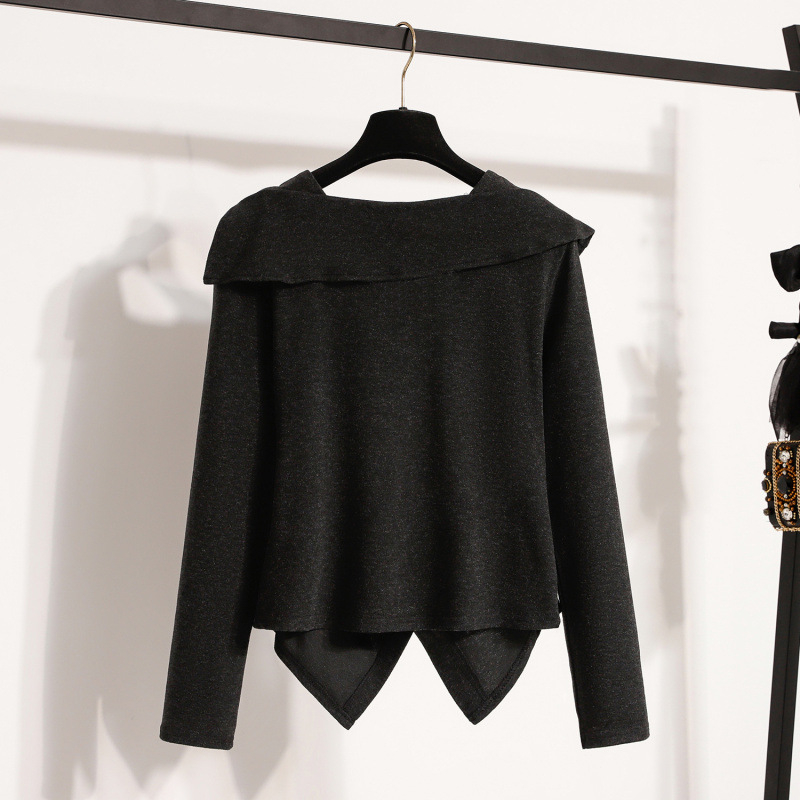 Plus-size ženski asimetrični pleteni top s dugim rukavima, jesen-zimski stil, naglašenim strukom i pokrivanjem trbuha