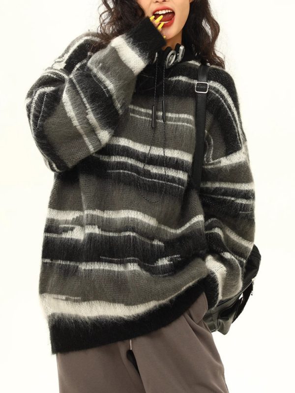 Prugasti pulover, labav kroj, okrugli izrez, poliester vlakno 95%+