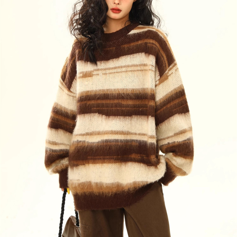 Prugasti pulover, labav kroj, okrugli izrez, poliester vlakno 95%+