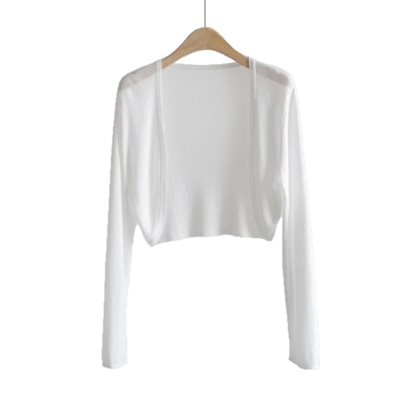 Kloak stiliaus plonas vasarinis kardiganas su UPF40+ saulės apsauga, poliesteris (70-80%) su spandekso (≤30%), ilgomis rankovėmis, trumpas ilgis 40–50 cm