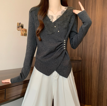 Дамски плетен топ с качулка, V‑образно деколте, дълги ръкави, с тесен силует, средна плътност, 50–70% полиестер, памук-полиестер, Зима 2025