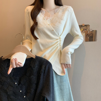 Дамски плетен топ с качулка, V‑образно деколте, дълги ръкави, с тесен силует, средна плътност, 50–70% полиестер, памук-полиестер, Зима 2025