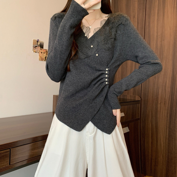 Дамски плетен топ с качулка, V‑образно деколте, дълги ръкави, с тесен силует, средна плътност, 50–70% полиестер, памук-полиестер, Зима 2025