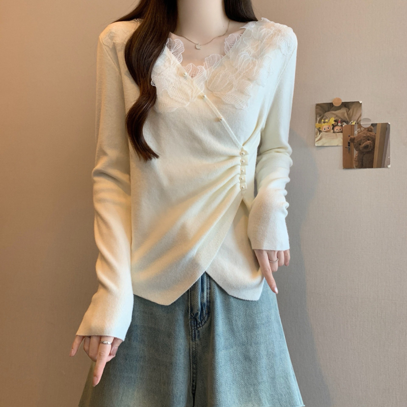 Дамски плетен топ с качулка, V‑образно деколте, дълги ръкави, с тесен силует, средна плътност, 50–70% полиестер, памук-полиестер, Зима 2025