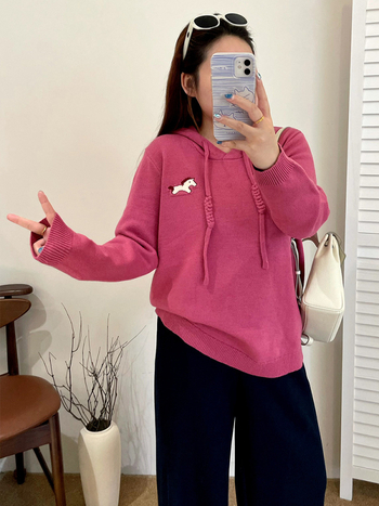 Пуловер с качулка за жени, Пони жакардова шарка, Полиестер-Вискоза смес, Дълги ръкави, Зима 2025