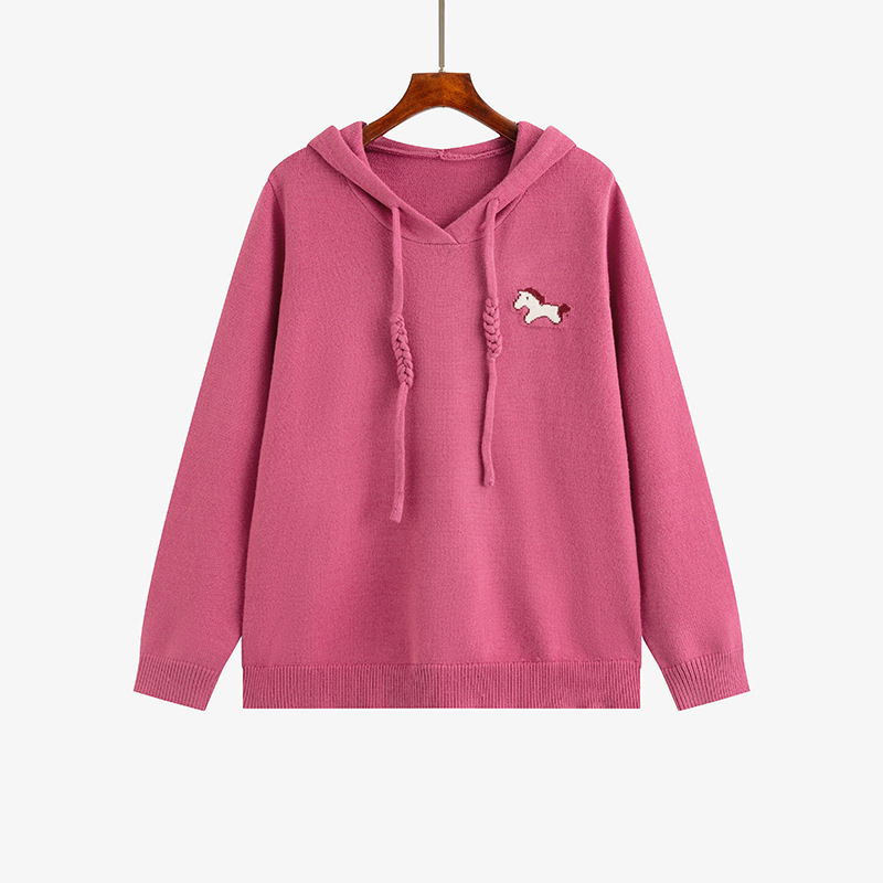 Пуловер с качулка за жени, Пони жакардова шарка, Полиестер-Вискоза смес, Дълги ръкави, Зима 2025