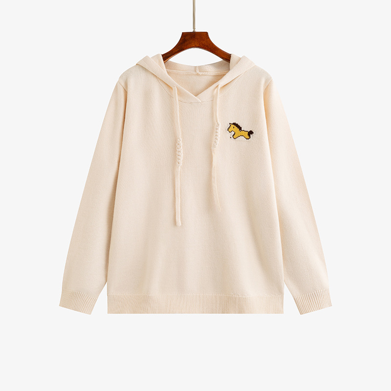 Пуловер с качулка за жени, Пони жакардова шарка, Полиестер-Вискоза смес, Дълги ръкави, Зима 2025