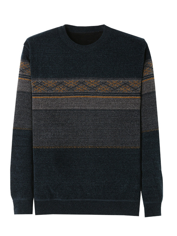 Zimski chenille pulover s flis podstavom za muškarce srednje dobi, jacquard uzorak, okrugli izrez, debeli i topli