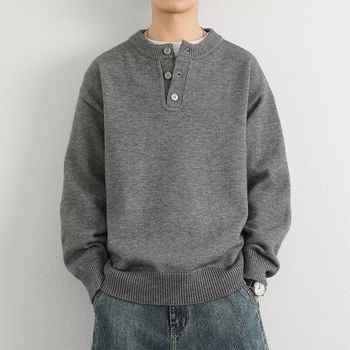 Muški pulover s Henley ovratnikom za jesen/zimu, opuštena silueta, moderan gradski stil