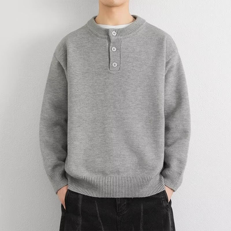 Muški pulover s Henley ovratnikom za jesen/zimu, opuštena silueta, moderan gradski stil