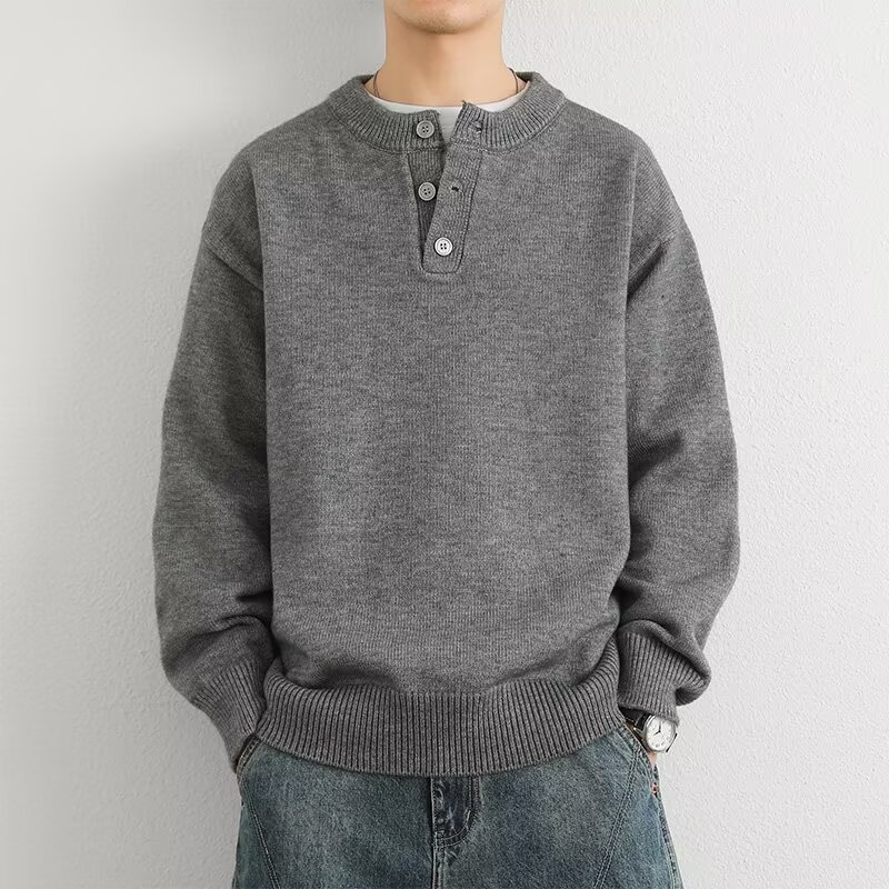 Muški pulover s Henley ovratnikom za jesen/zimu, opuštena silueta, moderan gradski stil