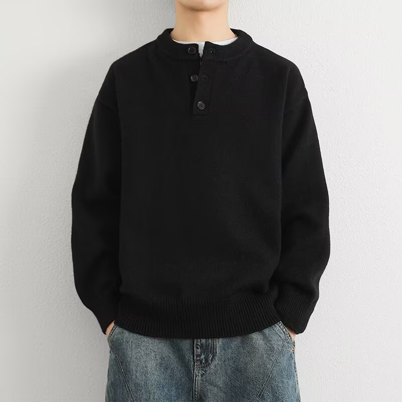 Muški pulover s Henley ovratnikom za jesen/zimu, opuštena silueta, moderan gradski stil