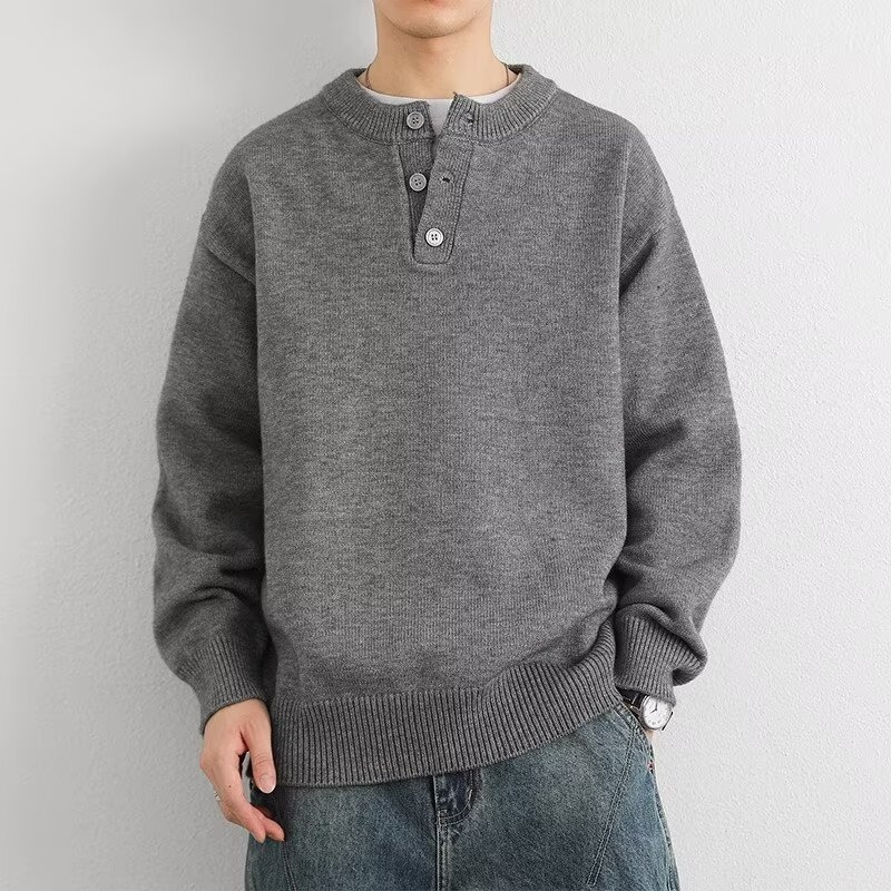 Muški pulover s Henley ovratnikom za jesen/zimu, opuštena silueta, moderan gradski stil