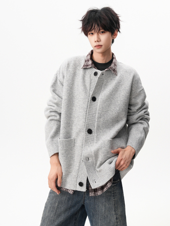 Cardigan tricot masculin, croială lejeră, guler rotund, mâneci lungi, material Arctic fleece