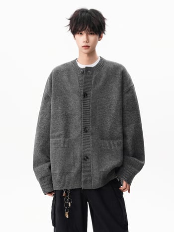 Cardigan tricot masculin, croială lejeră, guler rotund, mâneci lungi, material Arctic fleece