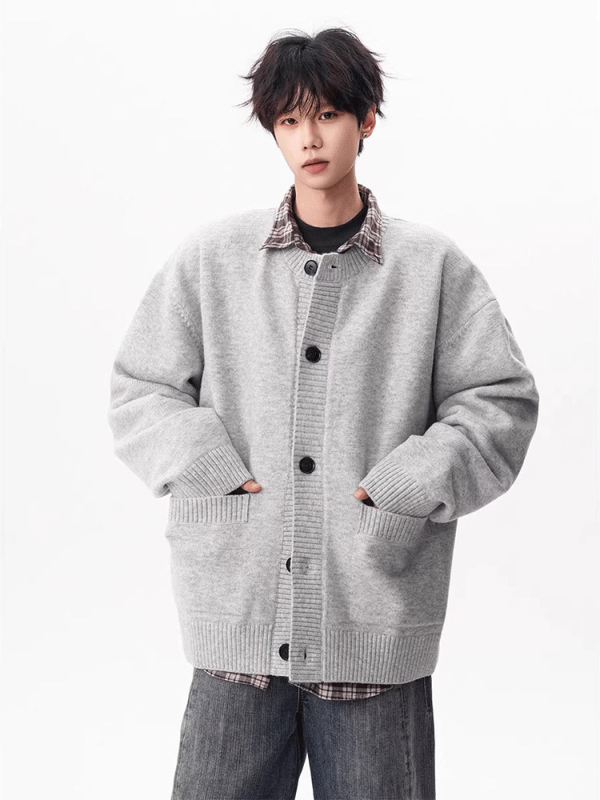 Cardigan tricot masculin, croială lejeră, guler rotund, mâneci lungi, material Arctic fleece