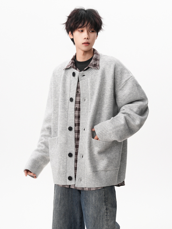 Cardigan tricot masculin, croială lejeră, guler rotund, mâneci lungi, material Arctic fleece