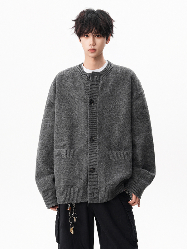 Cardigan tricot masculin, croială lejeră, guler rotund, mâneci lungi, material Arctic fleece