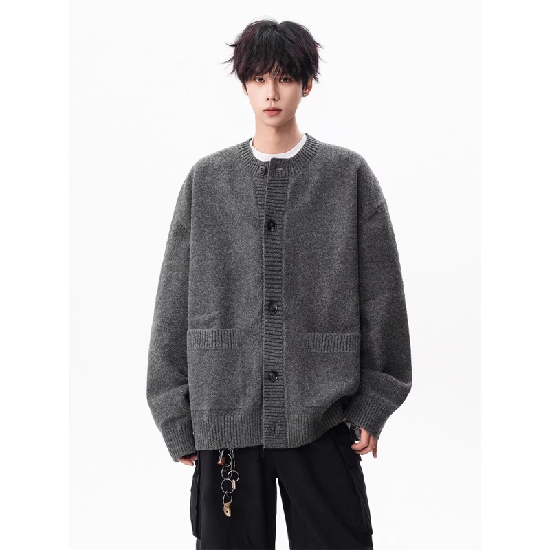 Cardigan tricot masculin, croială lejeră, guler rotund, mâneci lungi, material Arctic fleece