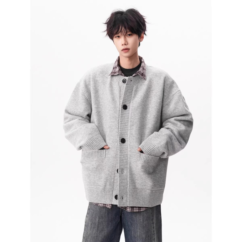 Cardigan tricot masculin, croială lejeră, guler rotund, mâneci lungi, material Arctic fleece