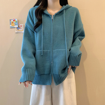 Megztinis su gobtuvu, dviejų krypčių užtrauktuku, šiltas ir tankus, poliesterio audinys