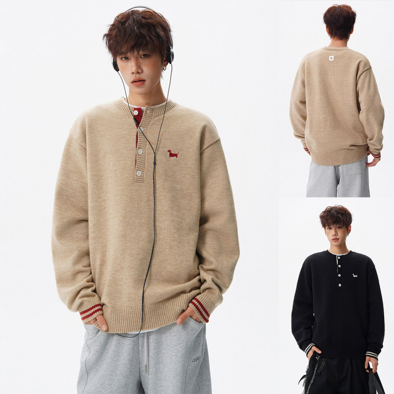 Pulover tricotat pentru bărbați, cu guler semi-deschis, tricotaj jacquard, croială lejeră, mâneci lungi