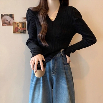 Megztas pagrindinis viršus su V kaklu, chenille audinys, spandex iki 30%, pilvo dengimas