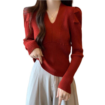 Megztas pagrindinis viršus su V kaklu, chenille audinys, spandex iki 30%, pilvo dengimas