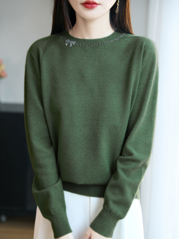 Pulover tricotat pentru femei cu cristale – model 3D, glugă, guler rotund, mâneci lungi, croială regulată