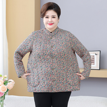 Žieminis medvilninis švarkas vyresnėms moterims, stovimas apykaklė, storesnis šilko-pamuko užpildas, vienos eilės užsegimas, elegantiškas kirpimas, ilgis 50–65 cm, tinkamas tiek vidaus, tiek lauko dėvėjimui