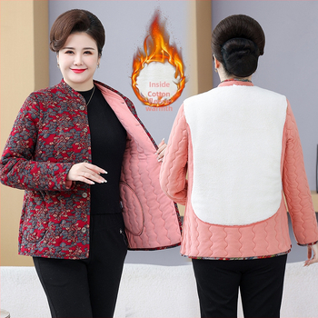 Žieminis medvilninis švarkas vyresnėms moterims, stovimas apykaklė, storesnis šilko-pamuko užpildas, vienos eilės užsegimas, elegantiškas kirpimas, ilgis 50–65 cm, tinkamas tiek vidaus, tiek lauko dėvėjimui