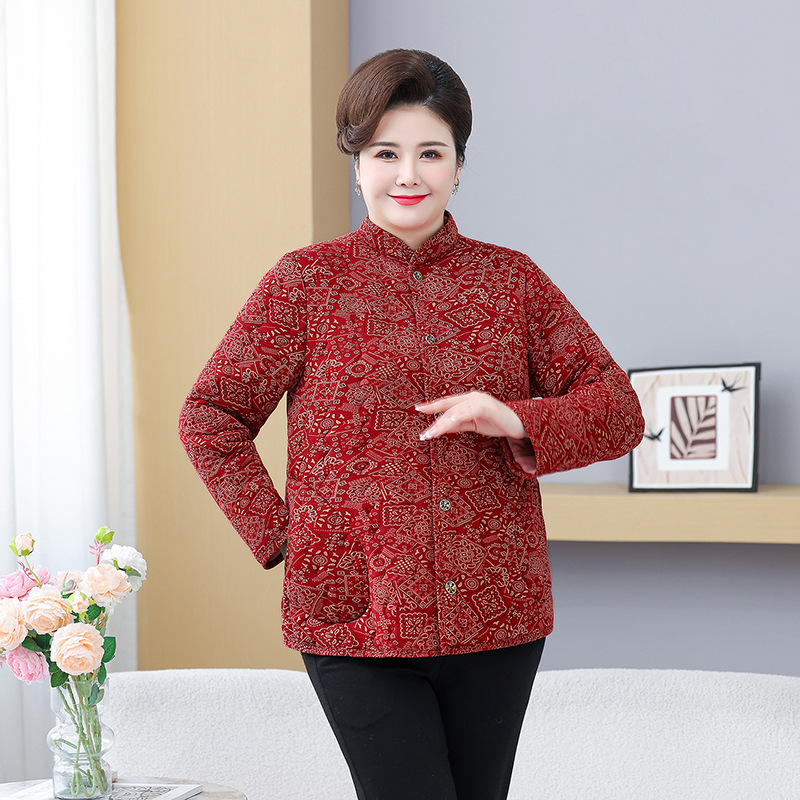 Žieminis medvilninis švarkas vyresnėms moterims, stovimas apykaklė, storesnis šilko-pamuko užpildas, vienos eilės užsegimas, elegantiškas kirpimas, ilgis 50–65 cm, tinkamas tiek vidaus, tiek lauko dėvėjimui