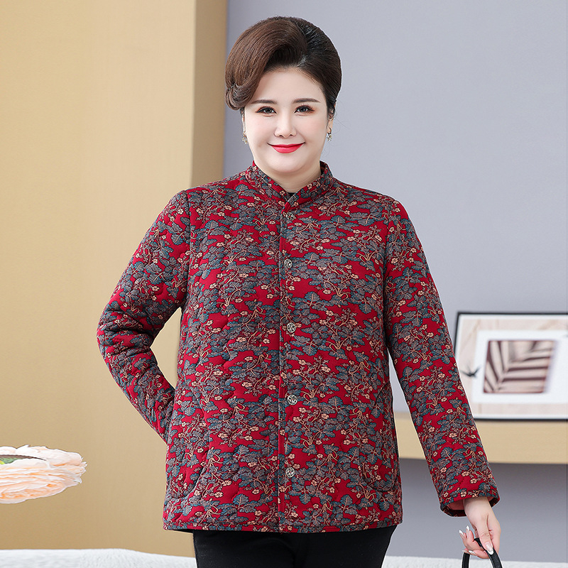 Žieminis medvilninis švarkas vyresnėms moterims, stovimas apykaklė, storesnis šilko-pamuko užpildas, vienos eilės užsegimas, elegantiškas kirpimas, ilgis 50–65 cm, tinkamas tiek vidaus, tiek lauko dėvėjimui