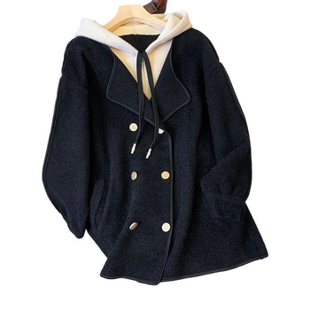 Palton cu glugă din poliester Longfengni, gros, lungime medie, închidere dublă, stil casual japonez/coreean