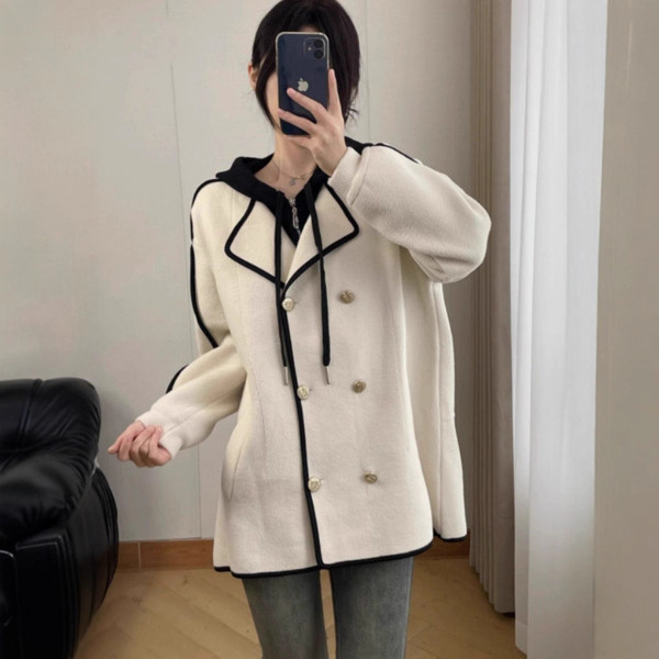 Palton cu glugă din poliester Longfengni, gros, lungime medie, închidere dublă, stil casual japonez/coreean