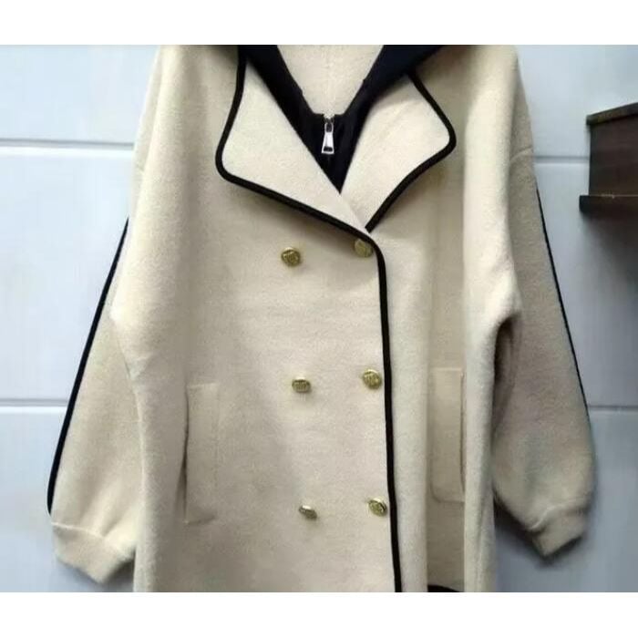 Palton cu glugă din poliester Longfengni, gros, lungime medie, închidere dublă, stil casual japonez/coreean