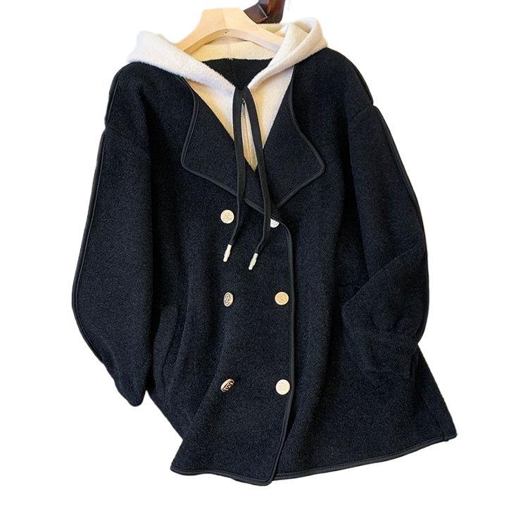 Palton cu glugă din poliester Longfengni, gros, lungime medie, închidere dublă, stil casual japonez/coreean